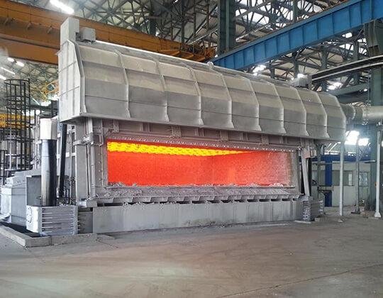 Industrial aluminium melting furnace in operation